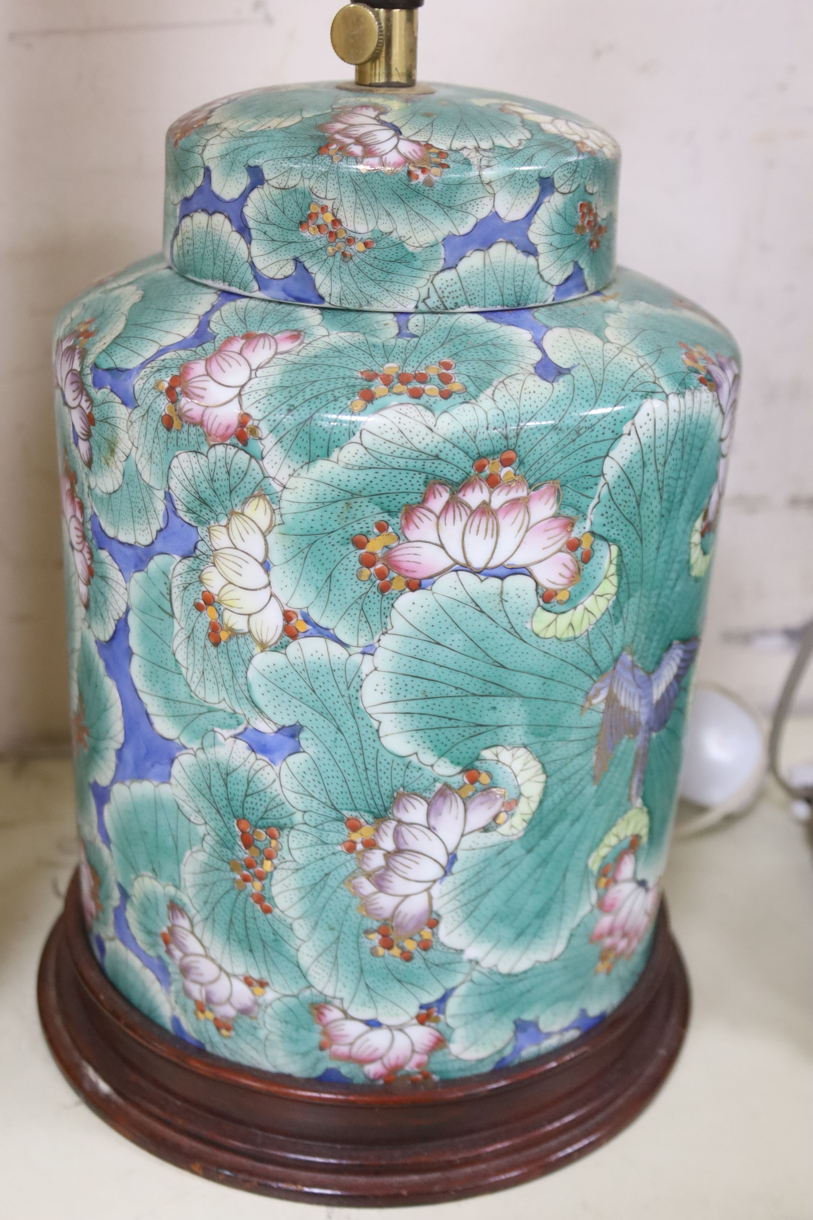 A Chinese archaistic cast vase, now as a lamp and a Chinese ceramic table lamp, tallest 38cm